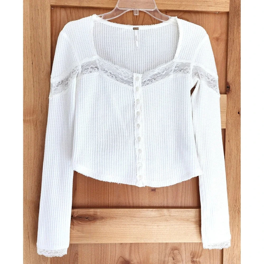 Free People XS 100% Cotton Lets Party Cardi Lace Top White Ivory Boho Beachy